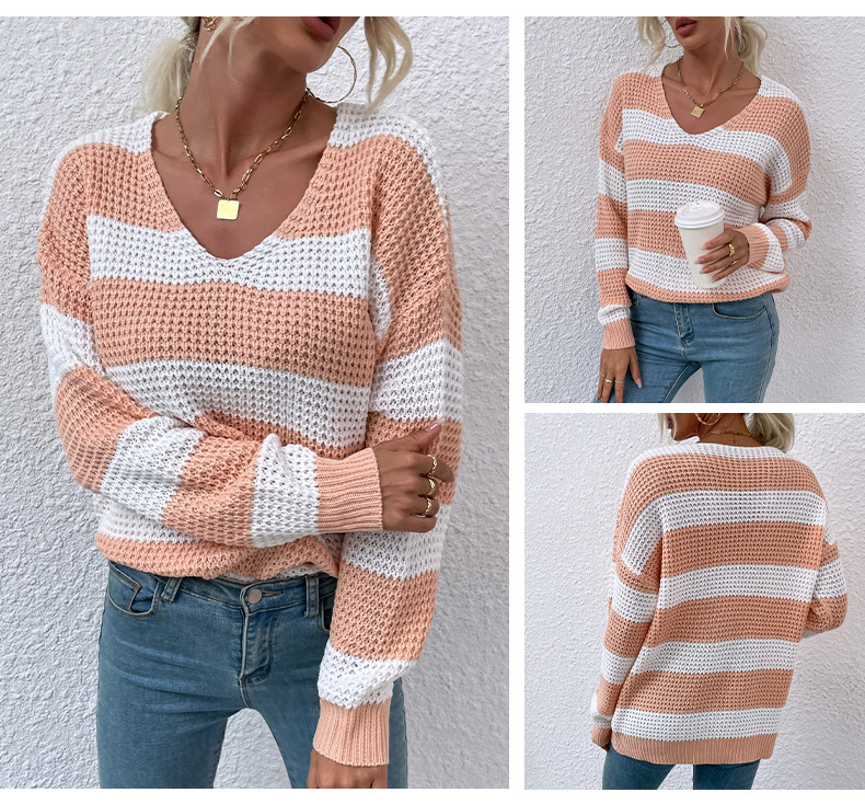 v-neck stripe stitching waffle sweater nihaostyles clothing wholesale NSMMY84050