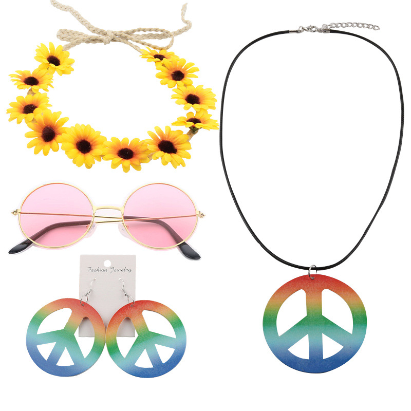 Accesorios de vestir hippies de la década de 1960, diadema de girasol, gafas redondas, conjunto de aretes de collar de talismán de paz