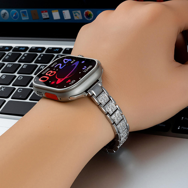 Suitable for Apple 11, Three-Bead Full Diamond Slim Waist Watch Band, iWatch Exquisite Metal High-End Women's Watch with Dazzling Diamonds