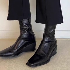 坡跟厚底增高弹力瘦瘦靴女方头后拉链复古百搭短靴子英伦风马丁靴