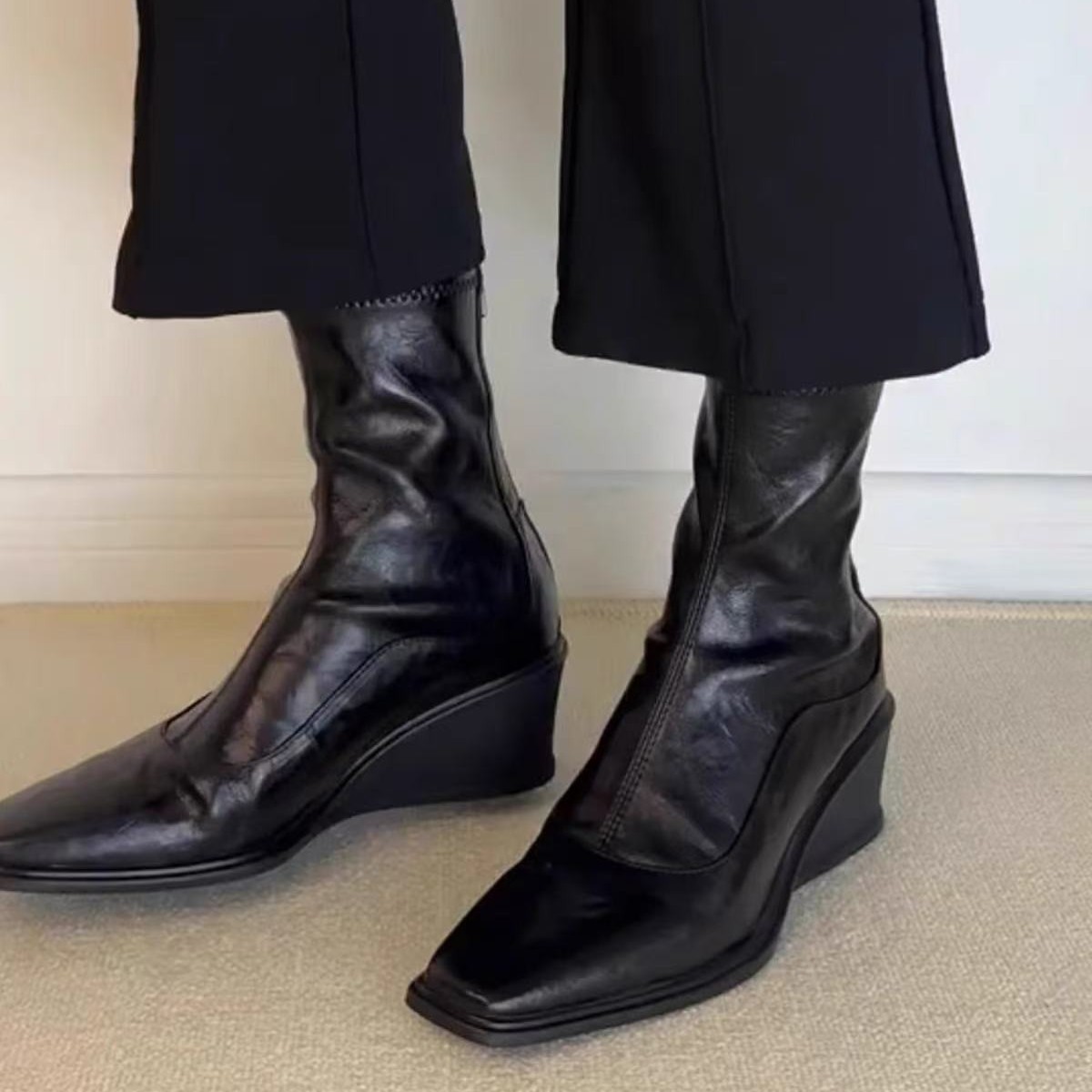 Wedge Thick-Soled Elastic Slim Boots for Women with Square Toe and Back Zipper Retro Versatile Short Boots British Style Boots