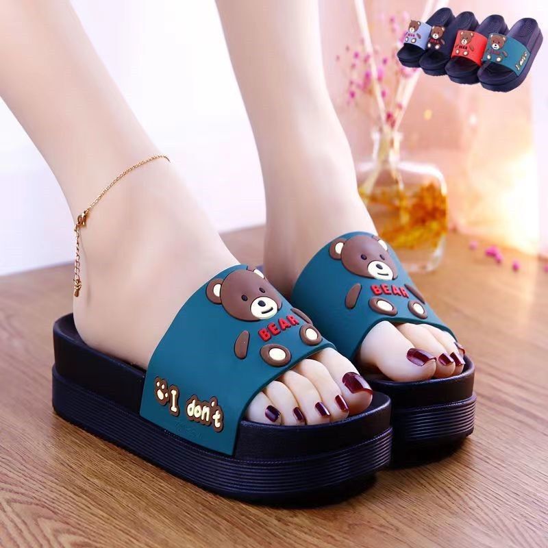 Summer High-heeled Thick Slippers Women's Outer Wear Cute Cartoon Bear Slippers Home Bathing Bedroom Slippers Women's Summer