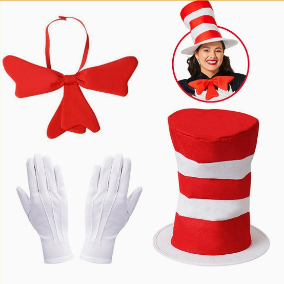 Dr. Seuss's Cat in the Hat Cosplay Set Red and White Striped High Hat Bow Tie Gloves Halloween Party Costume Dr. Seuss's Cat in the Hat Cosplay Set Red and White Striped High Hat Bow Tie Gloves Halloween Party Costume
