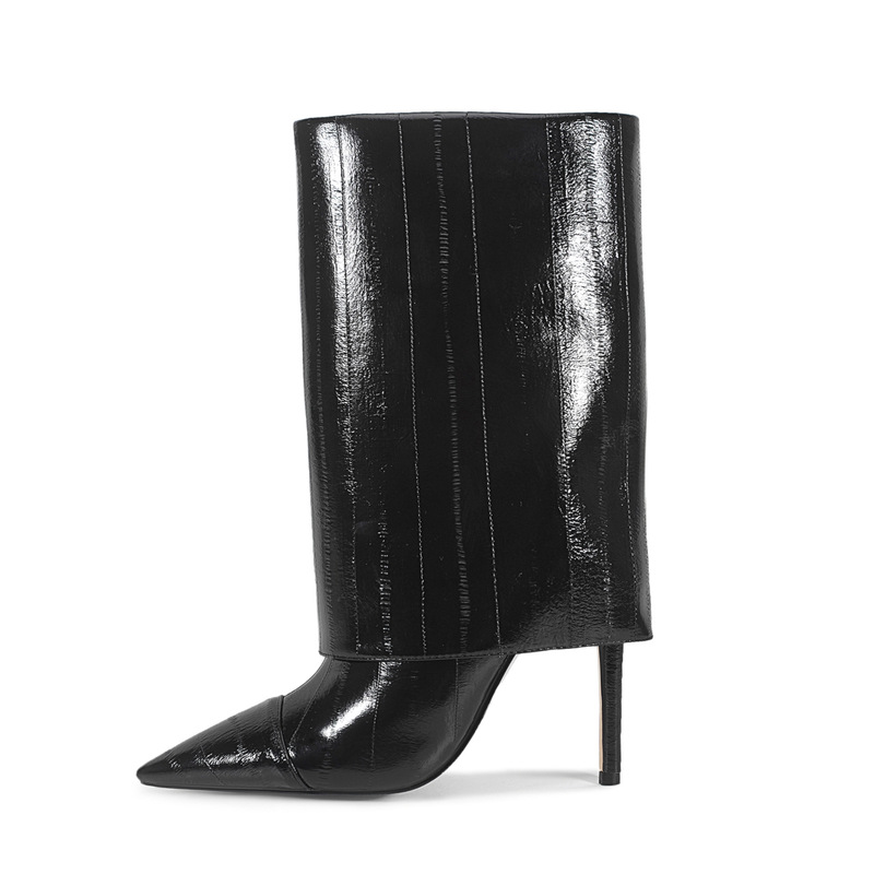 European and American Style Autumn and Winter Pointed Toe Stiletto Heel Boots with Eel Pattern, Large Fold-Over Wide Tube Design, Mid-Calf Boots, Large Sizes 35-47 European and American Style Autumn and Winter Pointed Toe Stiletto Heel Boots with Eel Pattern, Large Fold-Over Wide Tube Design, Mid-Calf Boots, Large Sizes 35-47