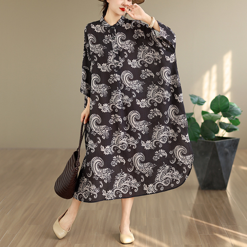 2026 Summer New Style Artistic Retro Cotton and Linen Printed Dress with Stand Collar, Loose Oversized Holiday-Style Robe