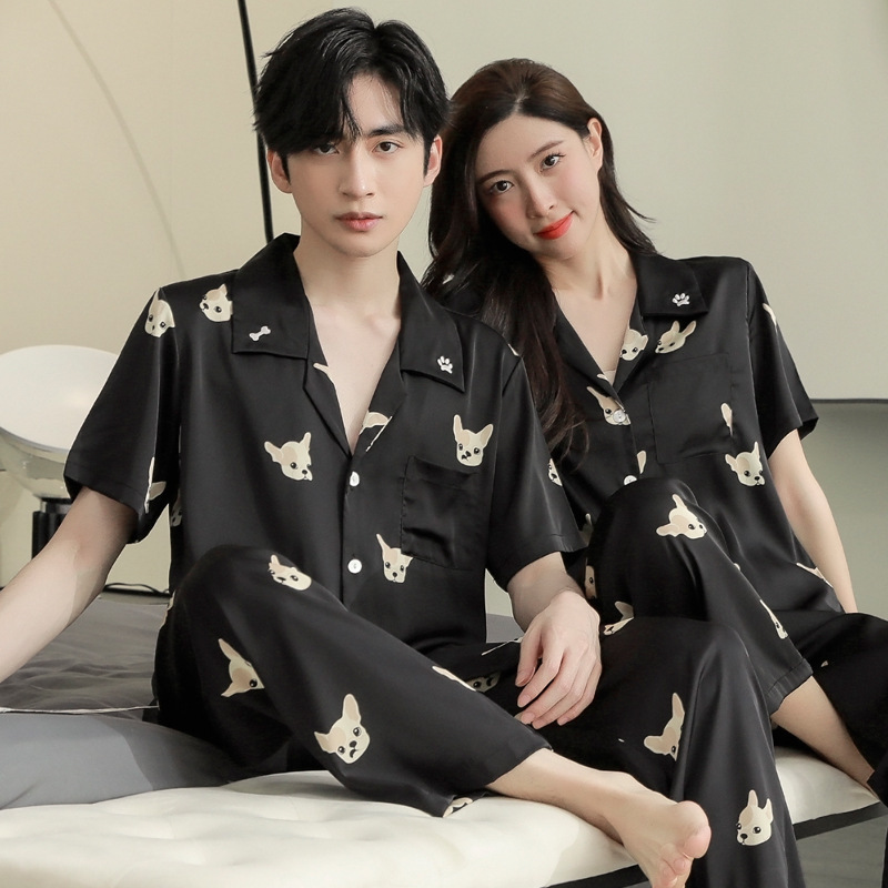 Summer Korean Style Women's Ice Silk Thin Pajamas Short-Sleeved Long Pants Set Cartoon Girl Silk Home Clothes for Outer Wear