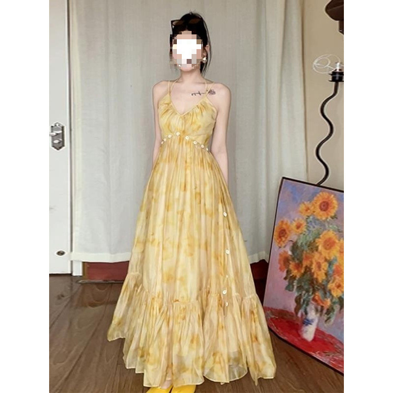 French-Style Yellow Floral Spaghetti Strap Dress for Women, 2026 Summer New Model, High-End Beach Vacation Elegant Long Dress French-Style Yellow Floral Spaghetti Strap Dress for Women, 2026 Summer New Model, High-End Beach Vacation Elegant Long Dress