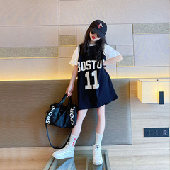 Foreign trade girls' T-shirt skirt, short-sleeved new summer dress for girls, medium and long style, fashionable Internet celebrity, big children's football uniform, street trendy clothing