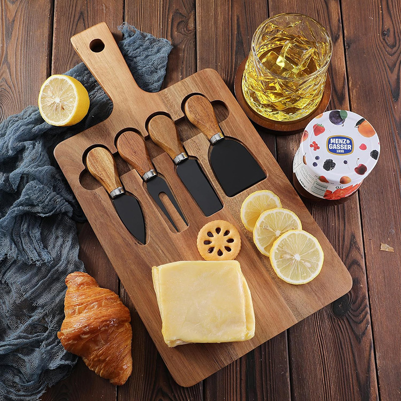 Tabla de cortar de madera con cuchillo y tenedor traje de tablero de queso tabla de cortar multifunción con mango fruta postre bandeja de Bambú