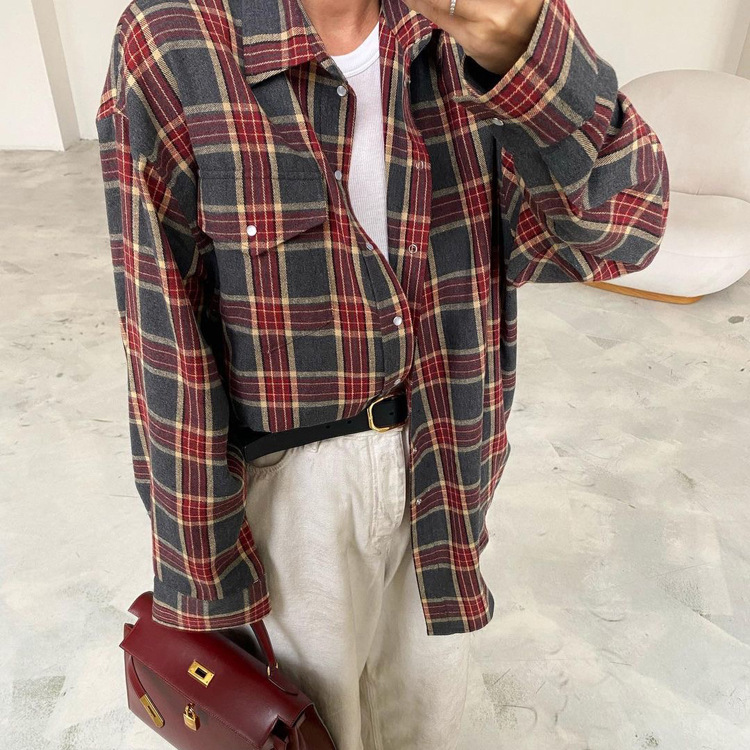 2024 nuevo Joker Plaid camisa otoño ropa de mujer europea y americana retro tendencia rejilla camisa suelta al por mayor image 1