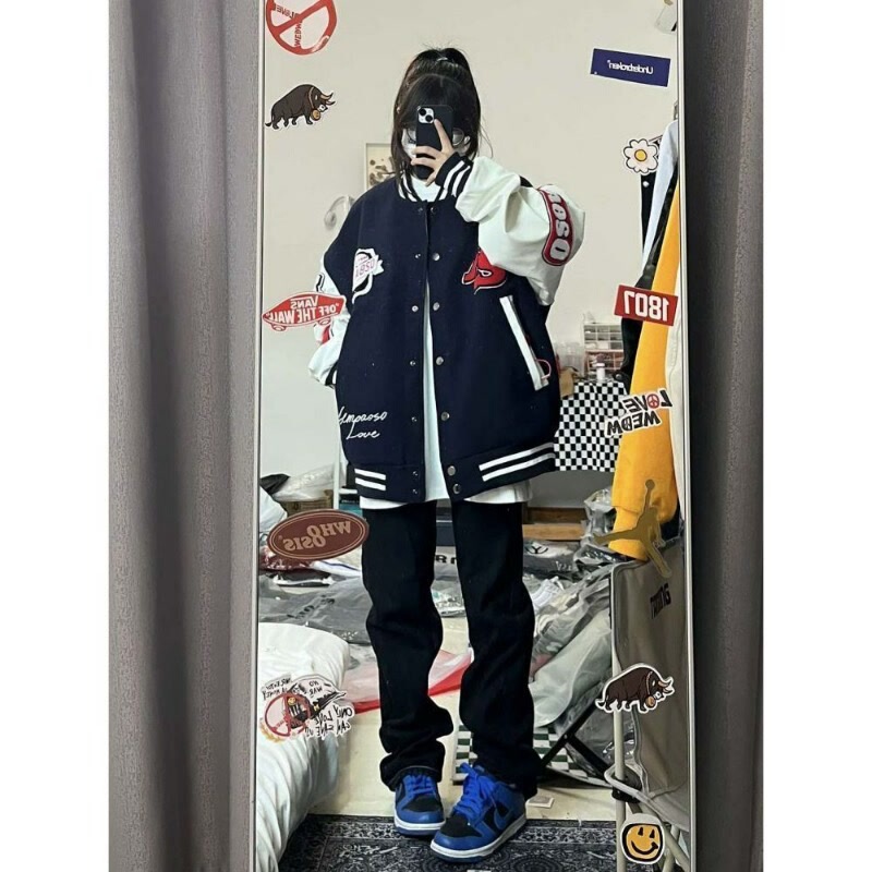 American Style Lazy Style Niche Street Maillard Baseball Suit Women's Autumn Clothes Loose Bomber Jacket Couple's Coat Trendy
