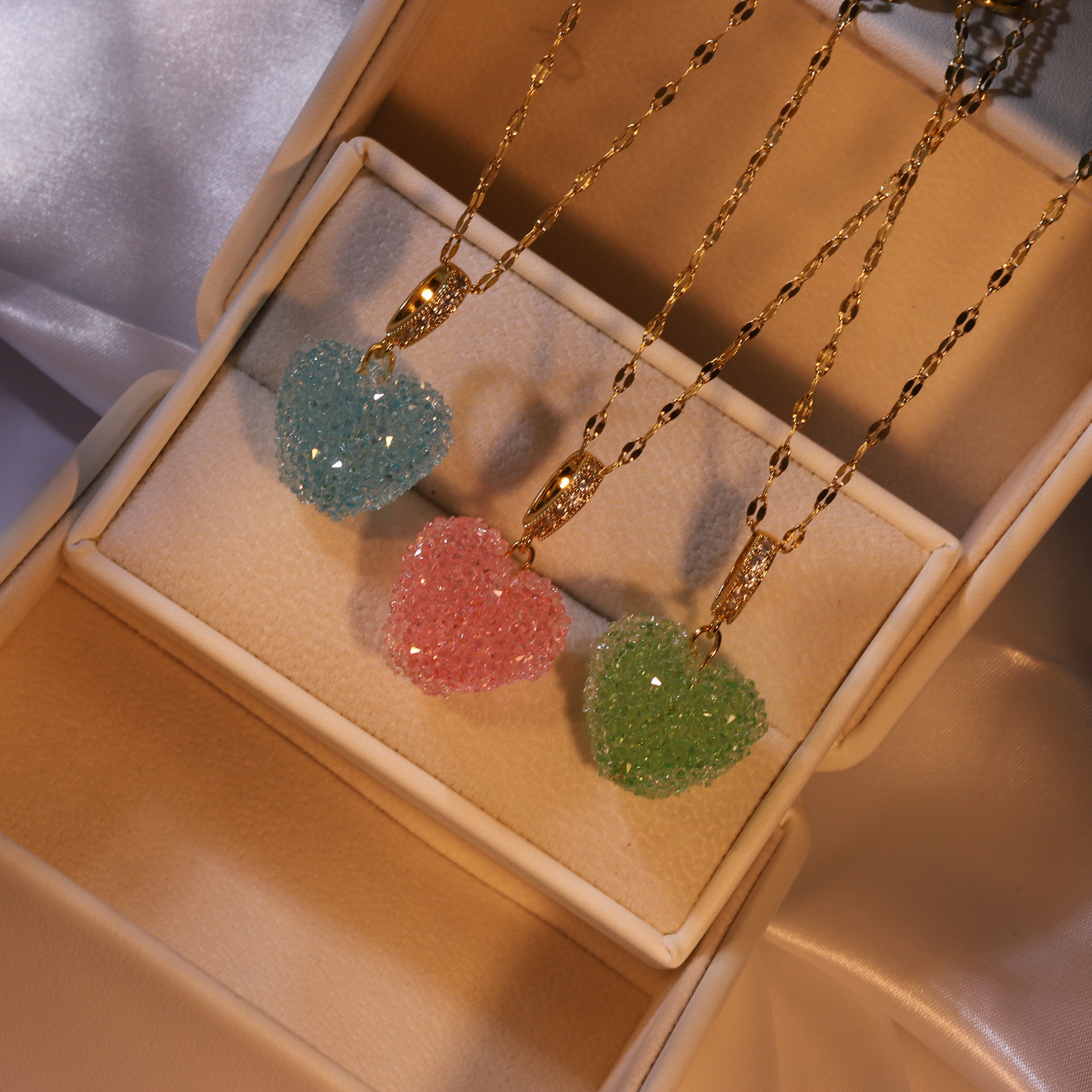 Sweet Heart Shape Titanium Steel Inlay Artificial Crystal Pendant Necklace