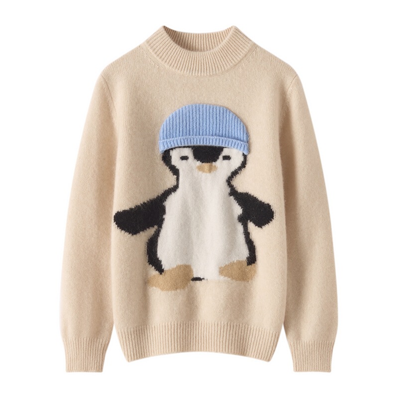 Children's Cashmere Sweater Thickeneded Half Turtleneck Boy's Pullover Sweater Girl's Knitted Bottoming Sweater Medium and Large Kidsren's Clothing Little Penguin