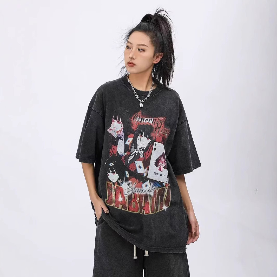 2025 primavera y verano nuevos productos de lavado de agua para hacer vieja impresión blanca masculina camiseta de manga corta suelta marca de moda retro t camiseta de base universal