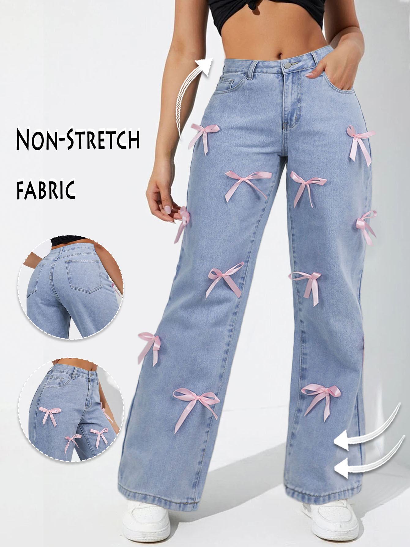 Women's Clothing High Waisted, Bow Tie Patchwork Wide Leg Jeans For Women, Y2K Style, Loose Fit._ecoleips.com