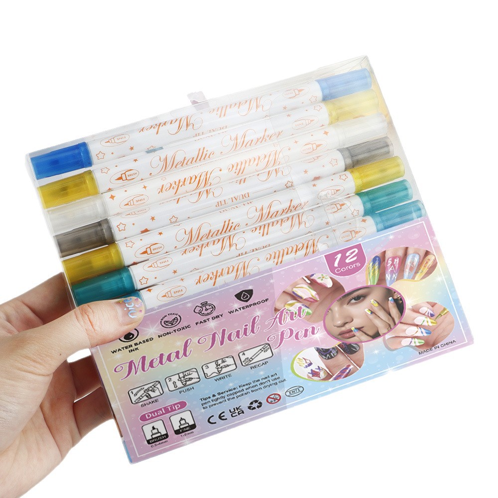 Ventas transfronterizas calientes de doble cabeza de uñas graffiti pluma 12 colores acrílico pintura pluma de pintura de cabeza suave DIY desgaste de nail tracker