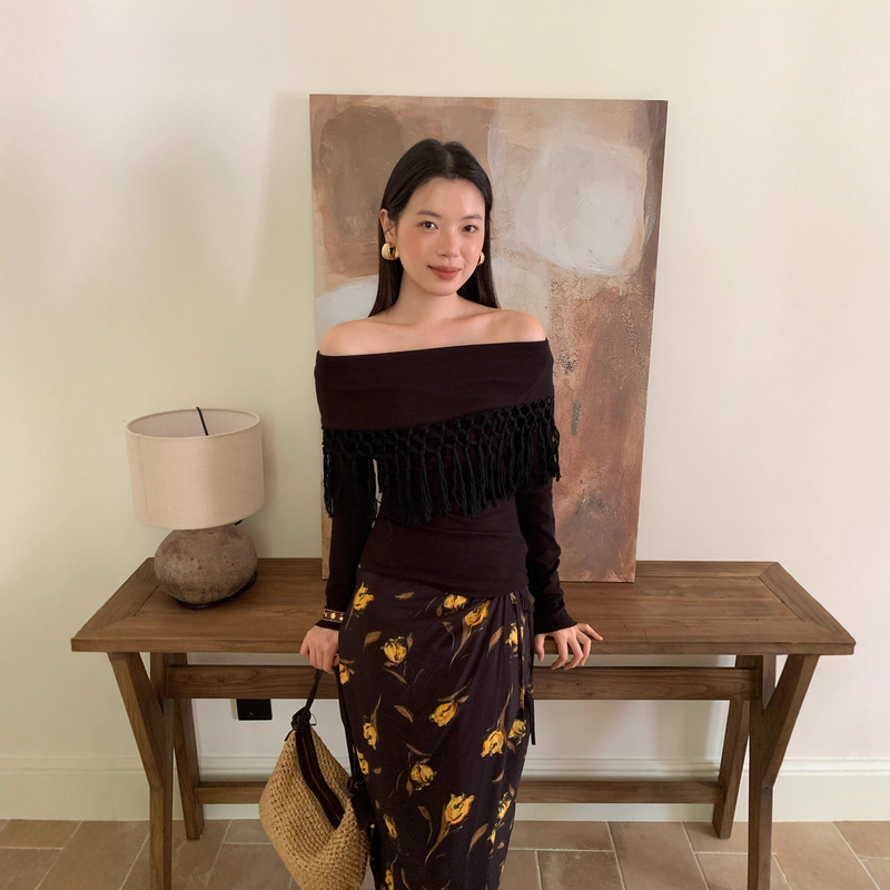 Interpreting Beauty Newopen 25 Autumn Bohemian Ethnic Style Niche Tassel Off-Shoulder Knitted Sweater F6556