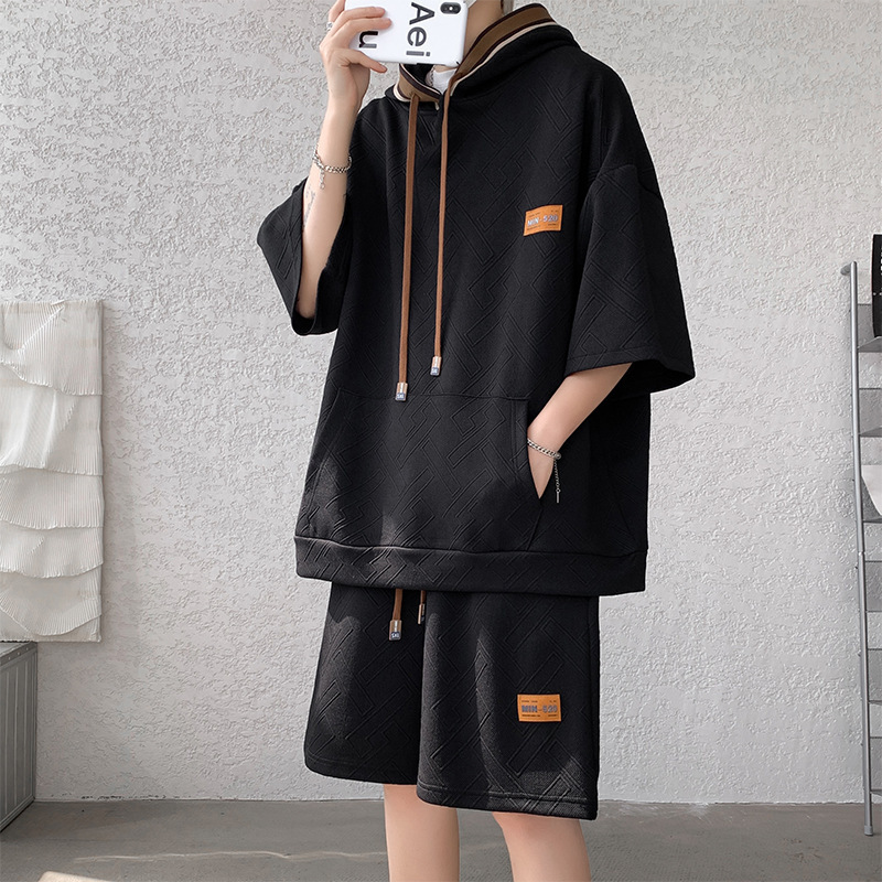 Hooded Short-sleeved T-shirt Boys Sports Suit Summer Trendy Half-sleeved Shorts Heavy Large Size Men's Two-piece Set