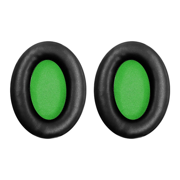 A pair of black and green [protein leather] earmuffs