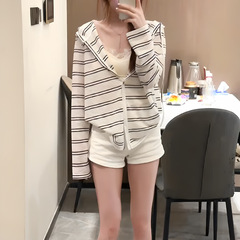 早秋薄纱松弛感条纹连帽长袖外套开衫女宽松外搭薄款防晒罩衫上衣