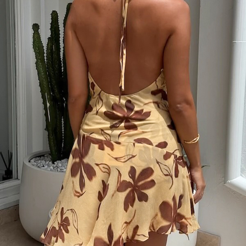 Sexy Pockets Collar Halter Backless Printed Dress Women Vacation Sexy Dress