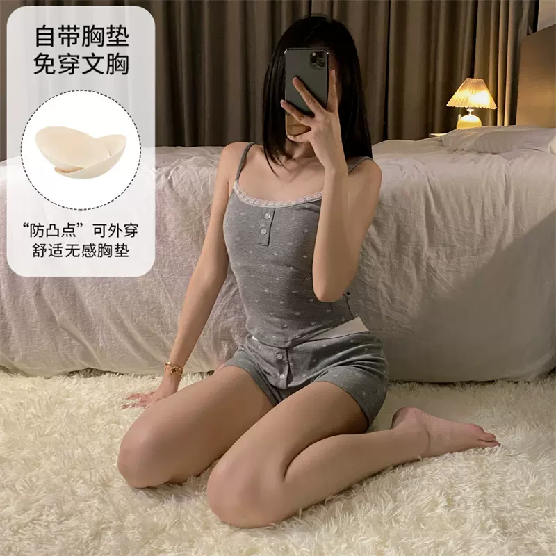 夏季新款睡衣女带胸垫一体式螺纹吊带短裤套装纯欲风卡通家居服