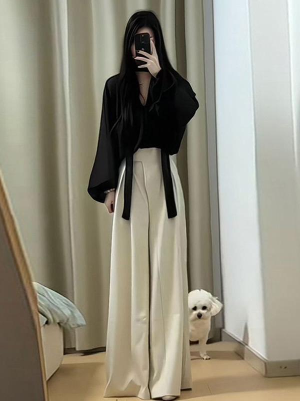 2025春季搭配一整套装女法式感黑色上衣高腰阔腿裤职业两件套|undefined