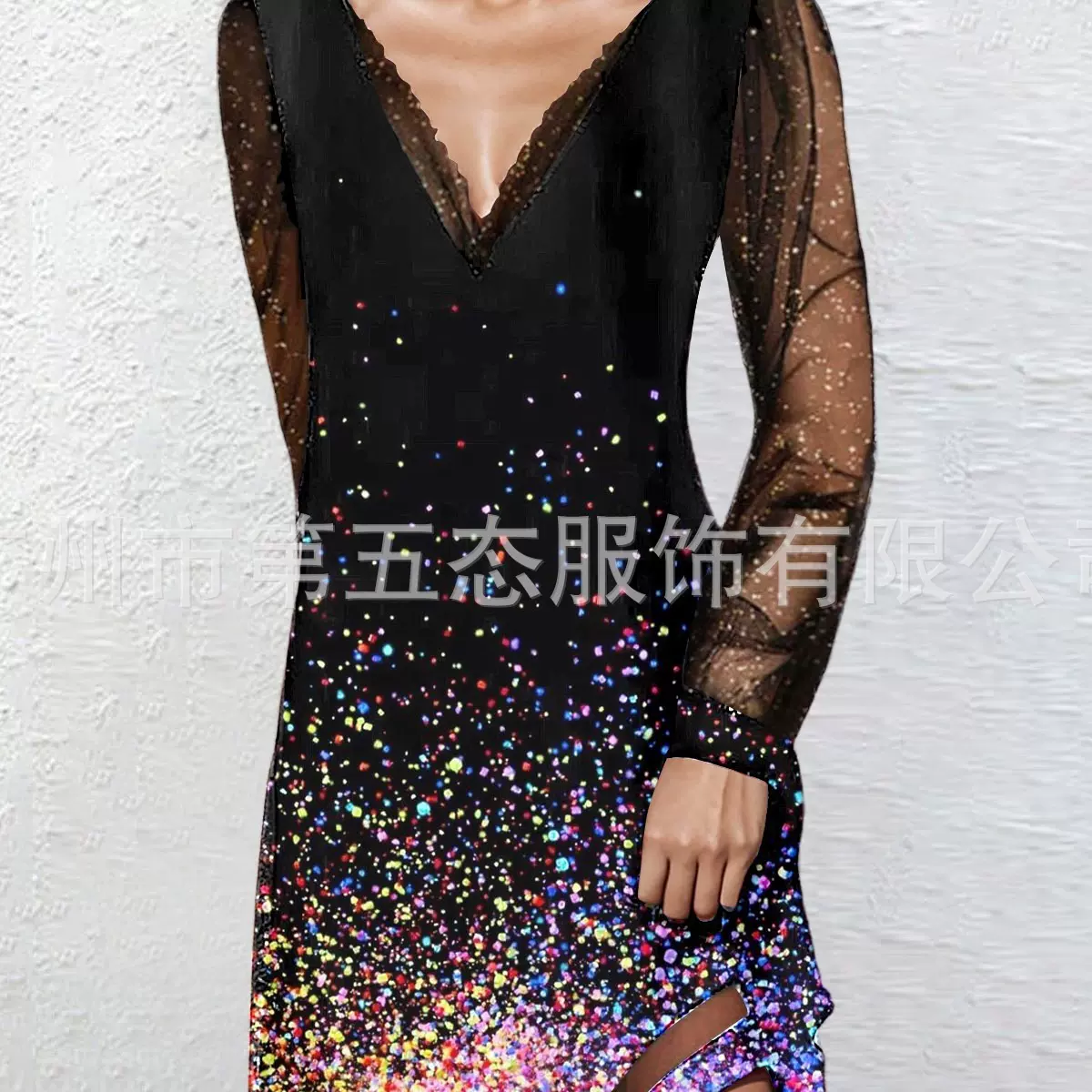 气质优雅V领连衣裙珠片纱袖子