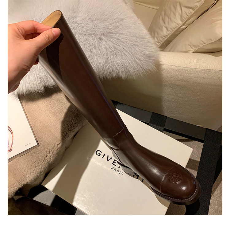 【葡萄妈同款】版型绝了~山茶花真皮后拉链加绒高筒长靴女骑士靴|undefined