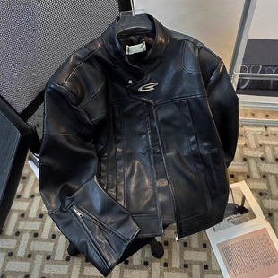 American Style Retro PU Leather Jacket Men's Spring and Autumn Puffy Handsome High-end Biker Suit Deconstructed Profile Vertical Collar Jacket