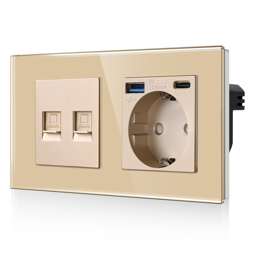 金色USB/Type-C德插带两个CAT6功能欧式插座德式插座带接地俄罗斯