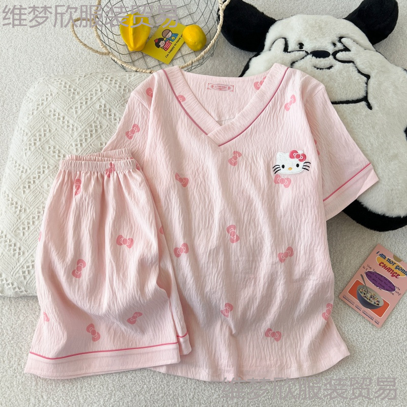 Cross-Border Wholesale Summer Cloud Cotton Pajamas for Women, V-Neck Short-Sleeved Shorts, Cute Cartoon Design, Can Be Worn Outside, Home Wear Set Cross-Border Wholesale Summer Cloud Cotton Pajamas for Women, V-Neck Short-Sleeved Shorts, Cute Cartoon Design, Can Be Worn Outside, Home Wear Set