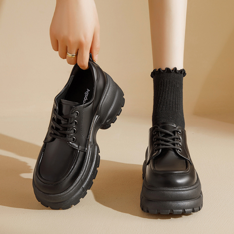 Zapatos de Lefour de fondo grueso para mujeres 2026 primavera nuevo muffin negro estilo británico zapatos de cuero de correa zapatos individuales