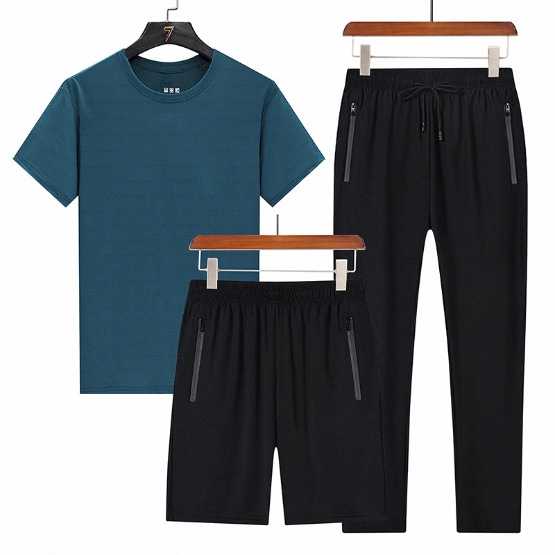 Trajes deportivos de verano transfronterizos de seda de hielo para hombres, camisetas de manga corta, pantalones cortos de tres piezas casuales para hombres