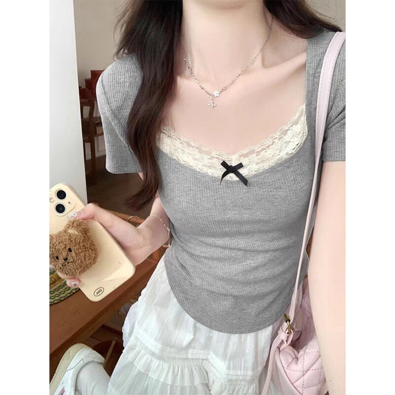 Wild Lady* Summer Women's Clothing Bm Style Hot Girl Pure Desire Sexy Retro Lace Trim Slim Fit Short Sleeve T-Shirt Top