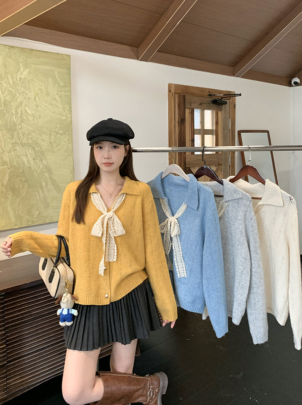2025年秋装新款胖mm大码女温柔风v领系带蝴蝶结针织气质显瘦上衣|undefined