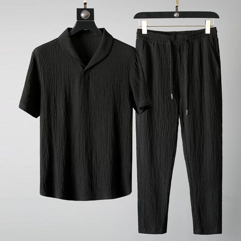 Primavera y verano ligero lujo plegado casual juego deportivo hombre ligero transpirable con solapa de moda pantalones de manga corta dos piezas