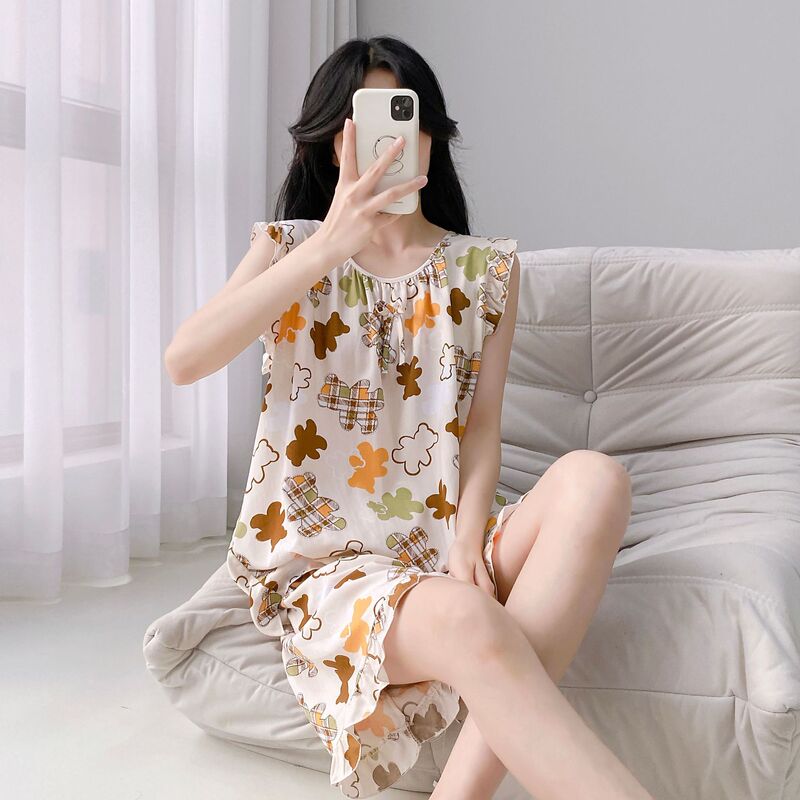 Summer New Cotton Silk Pajamas Women's Cotton Silk Pullover Sleeveless Vest Suit Korean Style Plus Size Home Clothes Five-Quarter Pants
