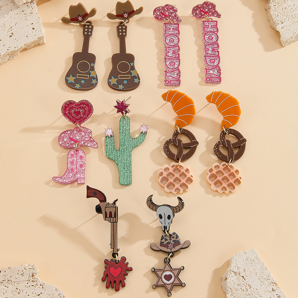 8g Weight 304 Stainless Steel Ear Needle Material Drop Earrings Classification 1 Pair Quantity 1 Pair Vintage Style Cowboy Style Cactus Letter Horns Polishing Arylic Drop Earrings