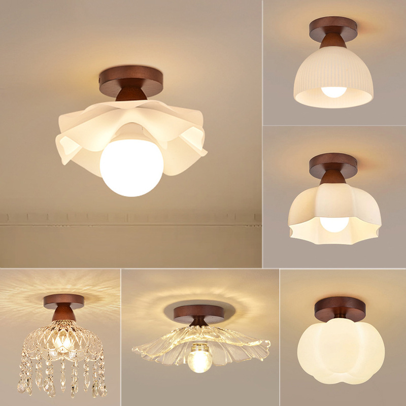 New Chinese Style Walnut Color Glass Ceiling Lamp Japanese Style Cream Style Aisle Balcony Ceiling Lamp Entrance Hall Lamp
