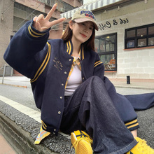 美式复古学院风棒球服外套女装秋季宽松慵懒风中长款夹克上衣休闲