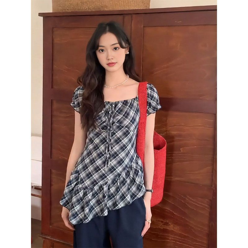 Plus Size Fat mm French Retro Plaid Asymmetrical Ruffled Short-Sleeved Tops for Women in Summer Slimming Look and Chic Trendy Shirts Plus Size Fat mm French Retro Plaid Asymmetrical Ruffled Short-Sleeved Tops for Women in Summer Slimming Look and Chic Trendy Shirts