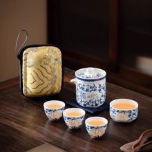 中式镂空玲珑陶瓷功夫茶具家用茶水分离茶壶手绘品茗杯旅行茶具