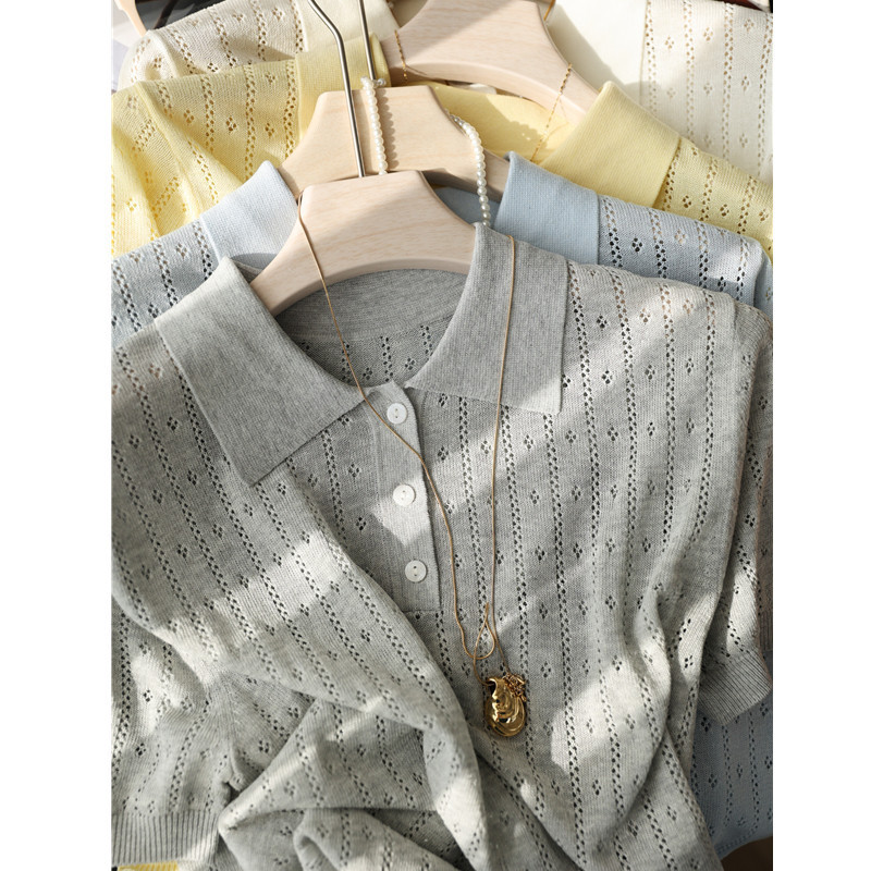 Refreshing and Not Stuffy~ Lyocell Linen Exquisite Hollow-Out Polo Collar Commuter Knitwear Short-Sleeved Top for Women Summer New