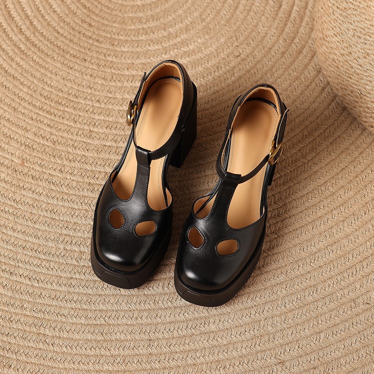 Sandal nữ đế xuồng platform gót vuông phong cách vintage khóa kim loại — màu nâu, màu đen chi tiết 29