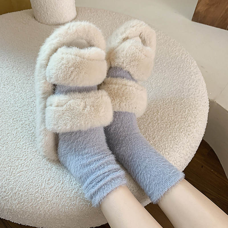 Fleece-lined autumn and winter solid color mohair mid-calf women's socks Women's Home warm Morandi color imitation mink velvet stockings