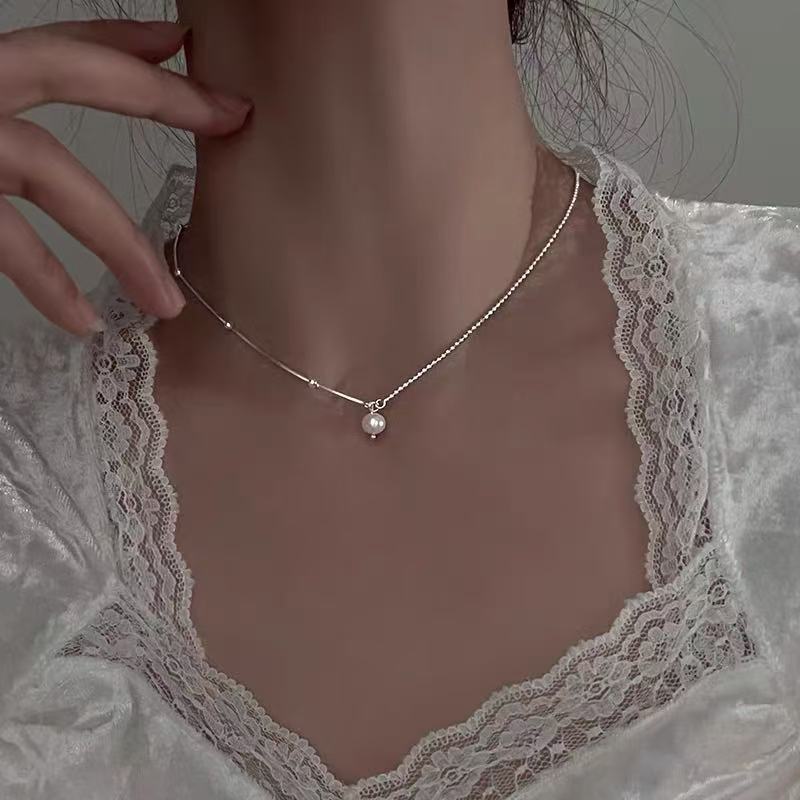 S925 シルバー韓国語バージョンシンプルなコールドスタイルネックレス女性のニッチ絶妙なペンダントビーズデイリーファッション多用途鎖骨チェーン|undefined