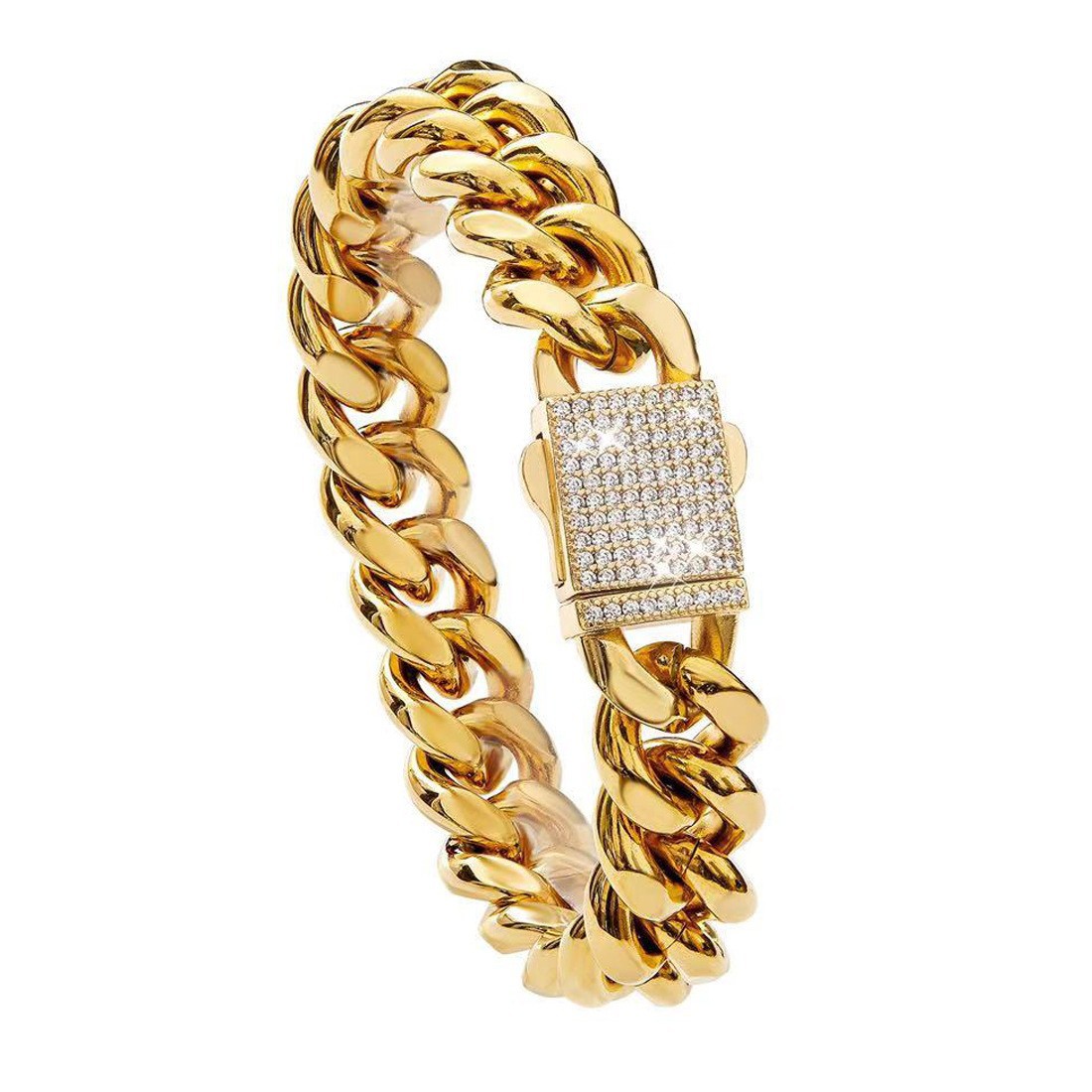 Spot One Piece Dropshipping Men's Gold Cuban Necklace White Zircon Micro Inlaid Lock Encryption Chain 6mm 14mm_voghion.com