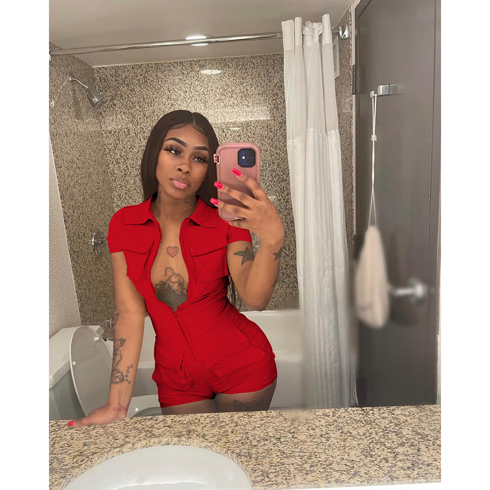 summer new zipper pocket solid color workwear jumpsuit_voghion.com