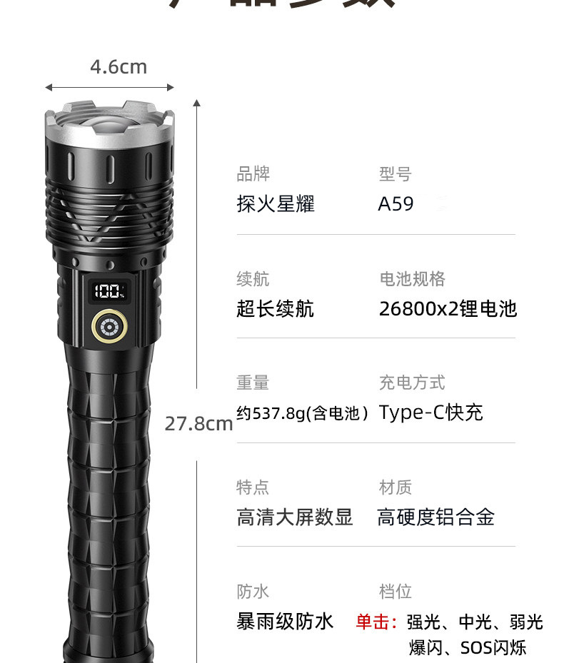 Aluminum Alloy Flashlight, Outdoor Strong Light, Flash Flashlight for Adventure, Ultra-Bright, High-Lumen, High-Power Lithium Battery, Long-Lasting Flashlight